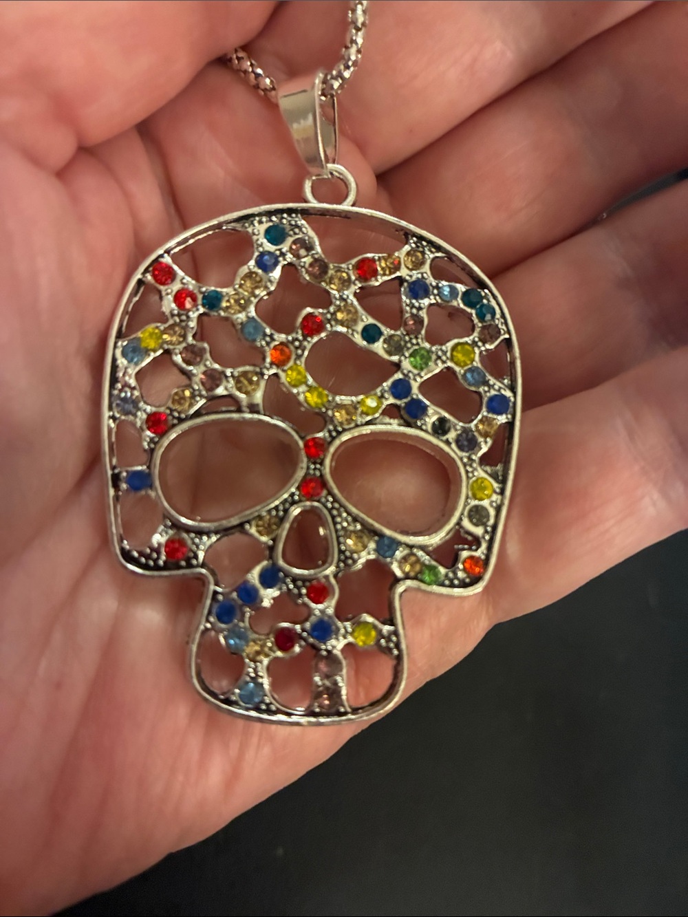 Multicolor Crystal Skull Pendant Necklace - Silver Tone 
NWOT